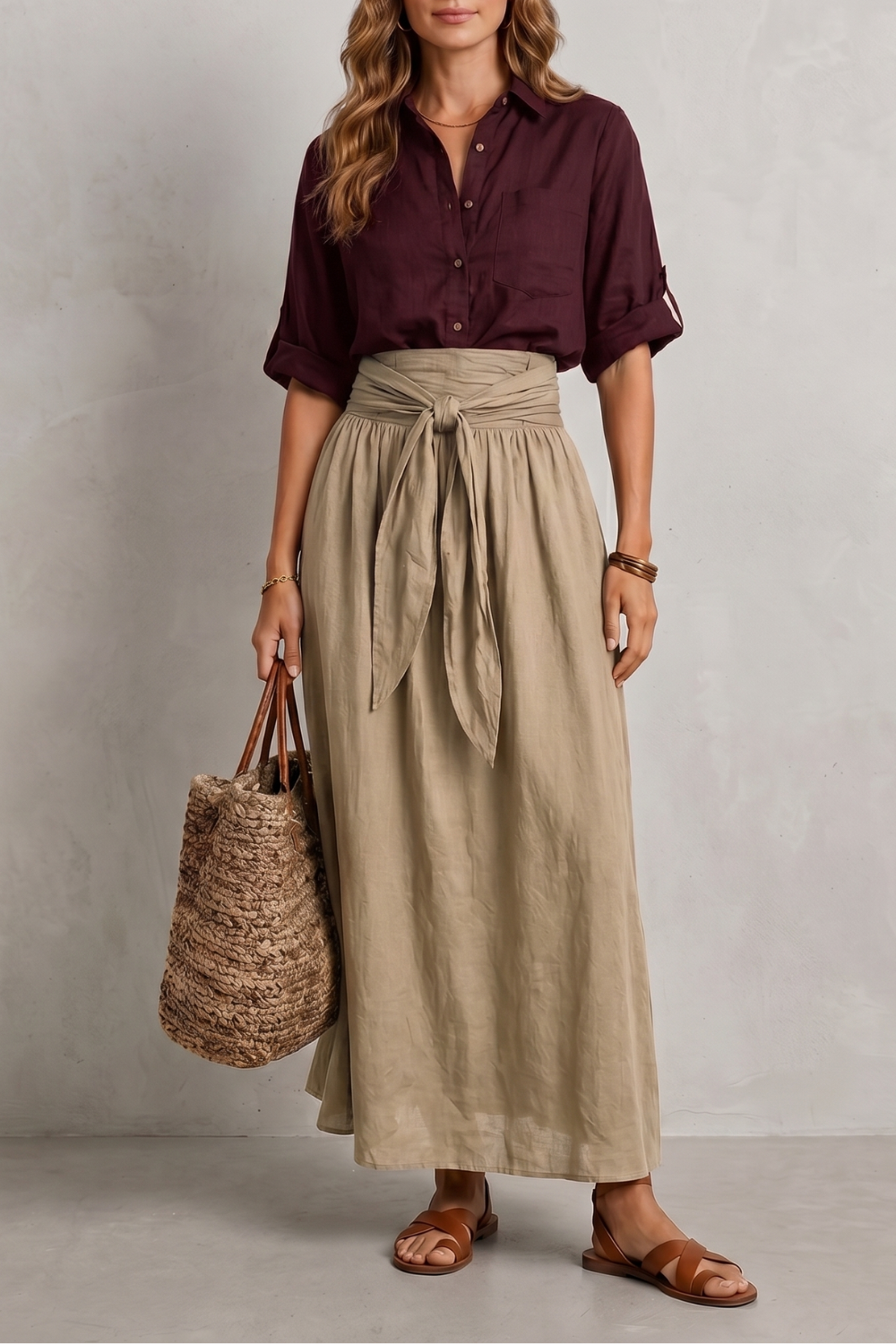 Genevieve-Bianca | Women's Tie-Waist Maxi Skirt & Blouse Set