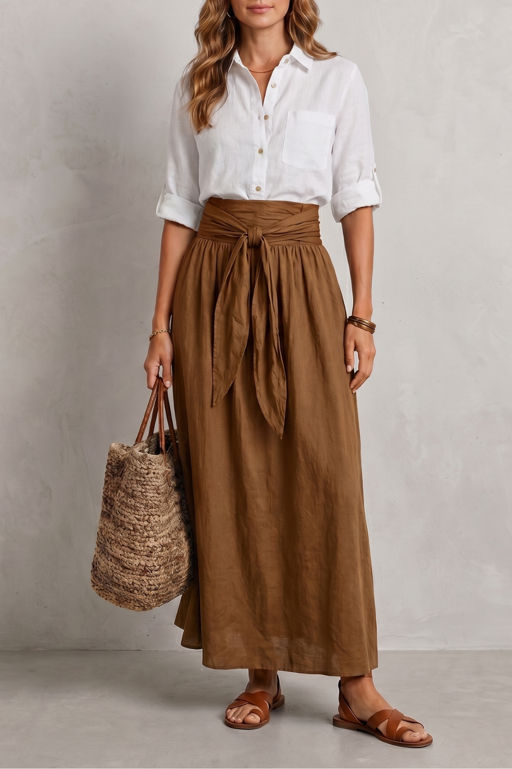 Genevieve-Bianca | Women's Tie-Waist Maxi Skirt & Blouse Set