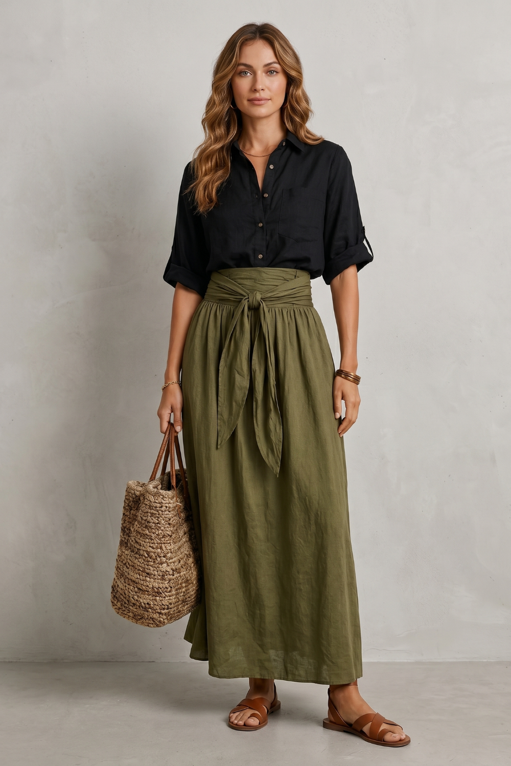 Genevieve-Bianca | Women's Tie-Waist Maxi Skirt & Blouse Set