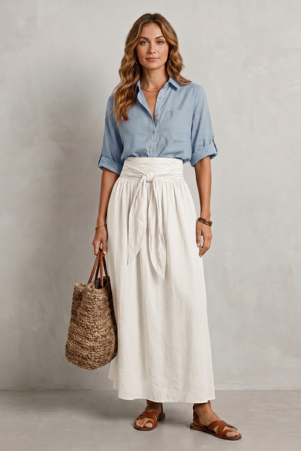 Genevieve-Bianca | Women's Tie-Waist Maxi Skirt & Blouse Set