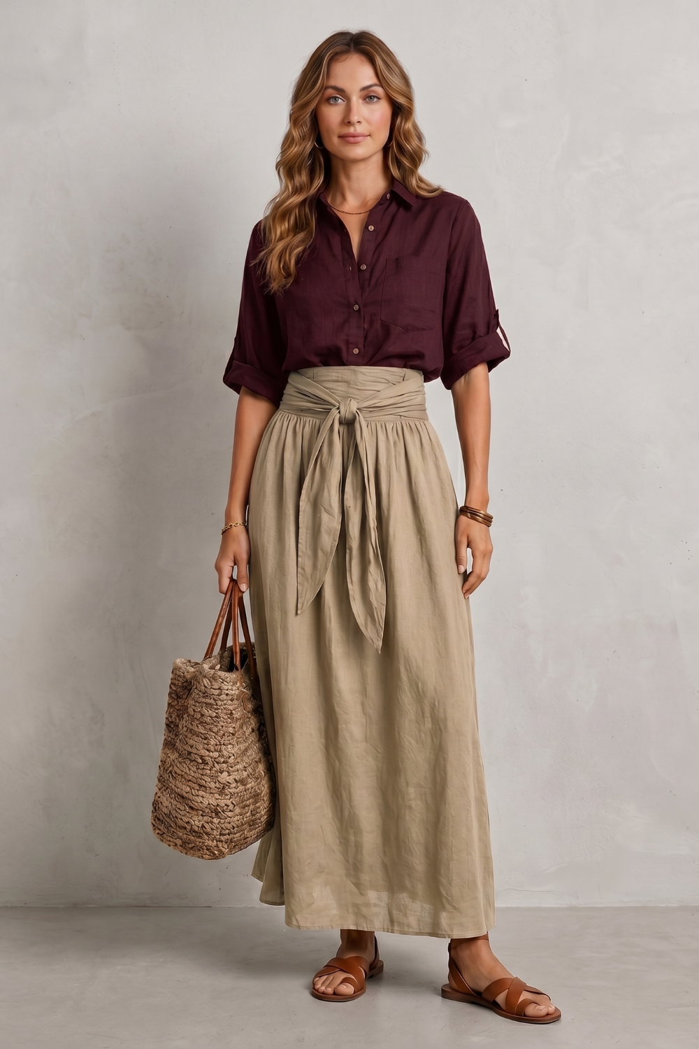Genevieve-Bianca | Women's Tie-Waist Maxi Skirt & Blouse Set