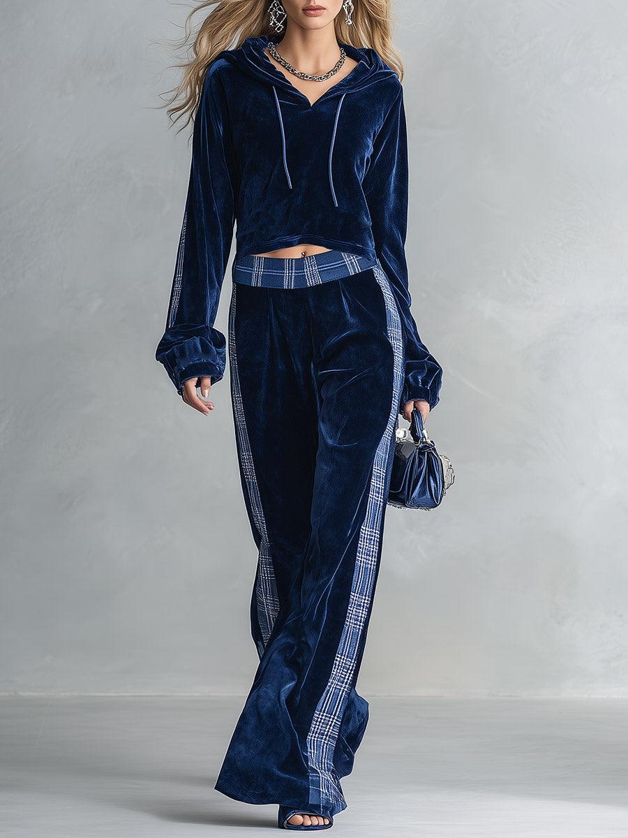 Gwendolyn-Harriet | Women's Velvet-Feel Hooded Top & Wide-Leg Trouser Set