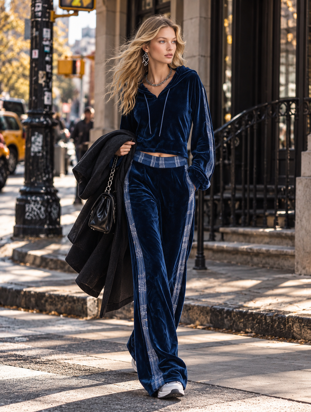 Gwendolyn-Harriet | Women's Velvet-Feel Hooded Top & Wide-Leg Trouser Set