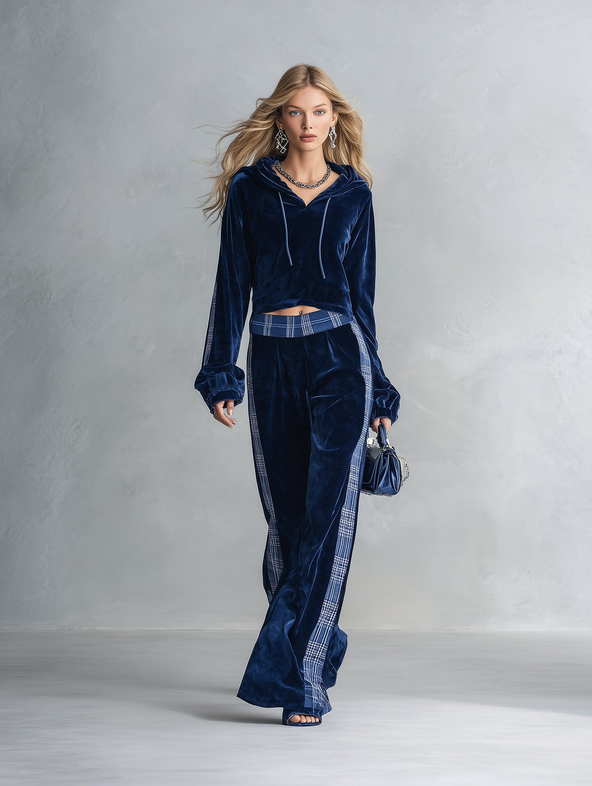 Gwendolyn-Harriet | Women's Velvet-Feel Hooded Top & Wide-Leg Trouser Set