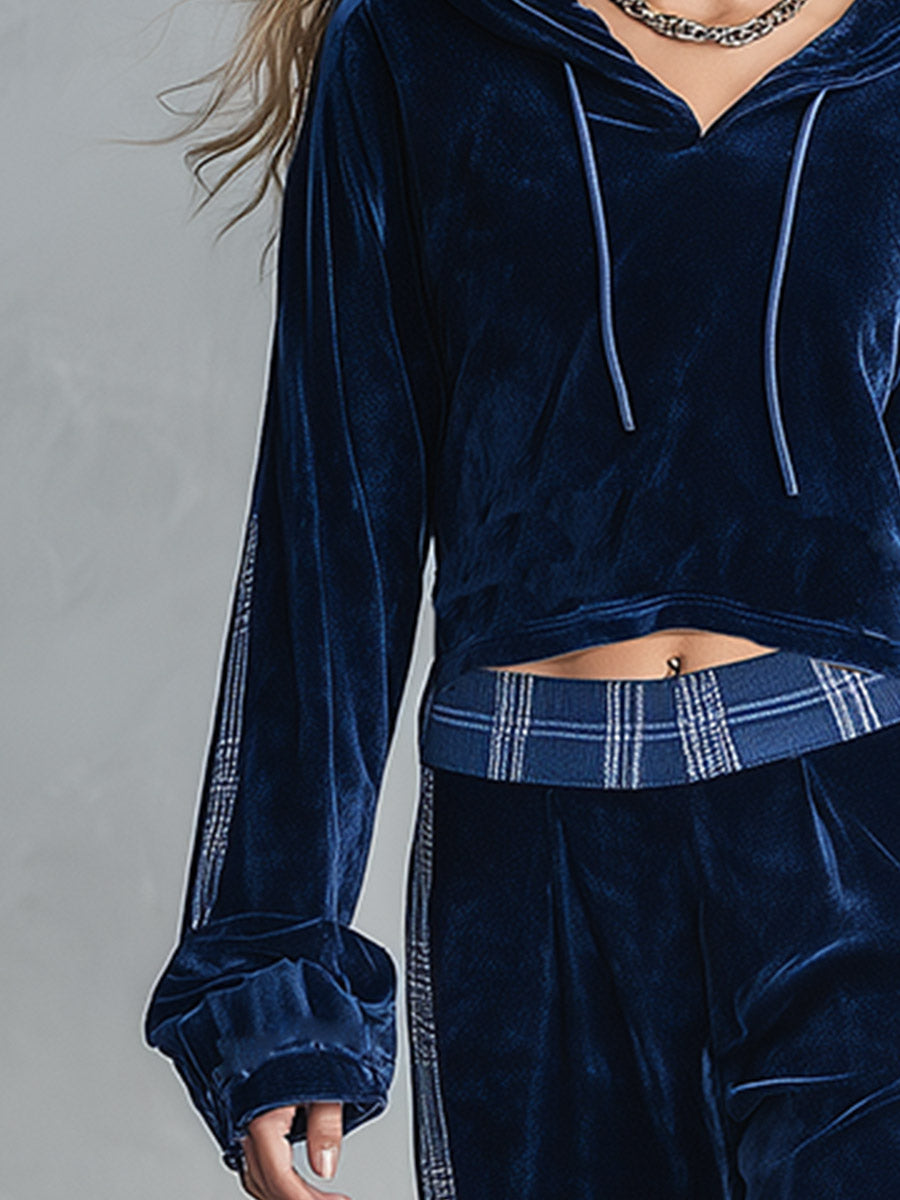 Gwendolyn-Harriet | Women's Velvet-Feel Hooded Top & Wide-Leg Trouser Set
