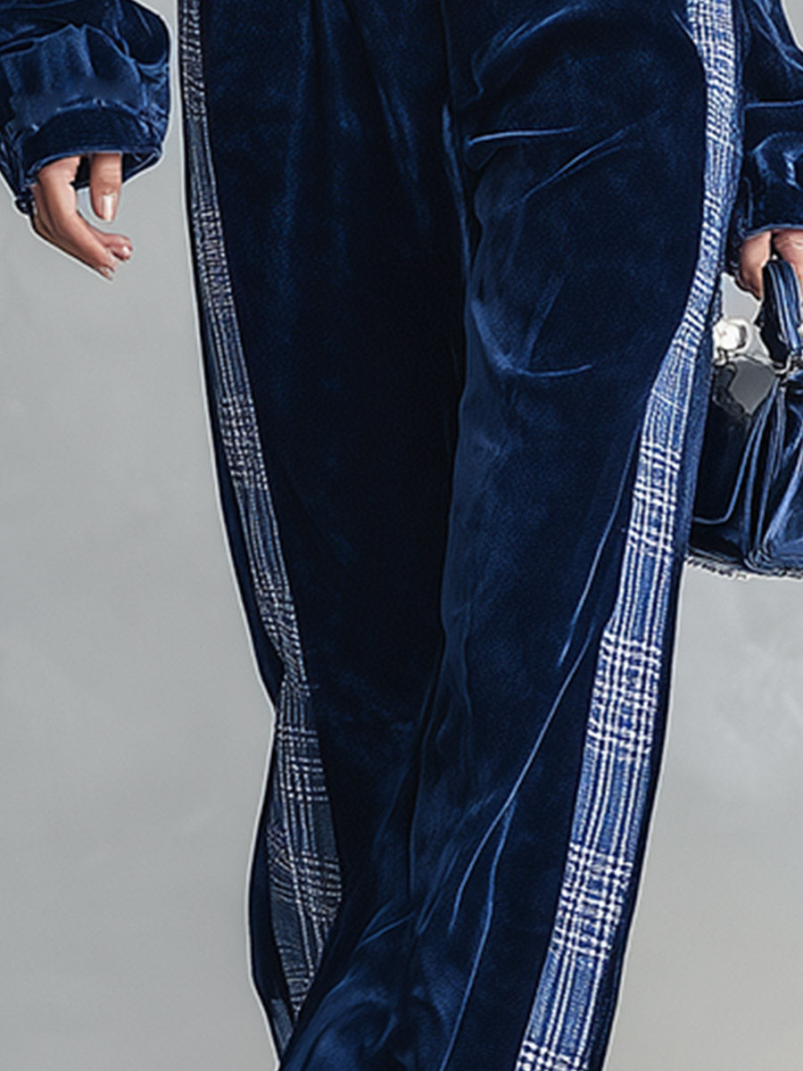 Gwendolyn-Harriet | Women's Velvet-Feel Hooded Top & Wide-Leg Trouser Set