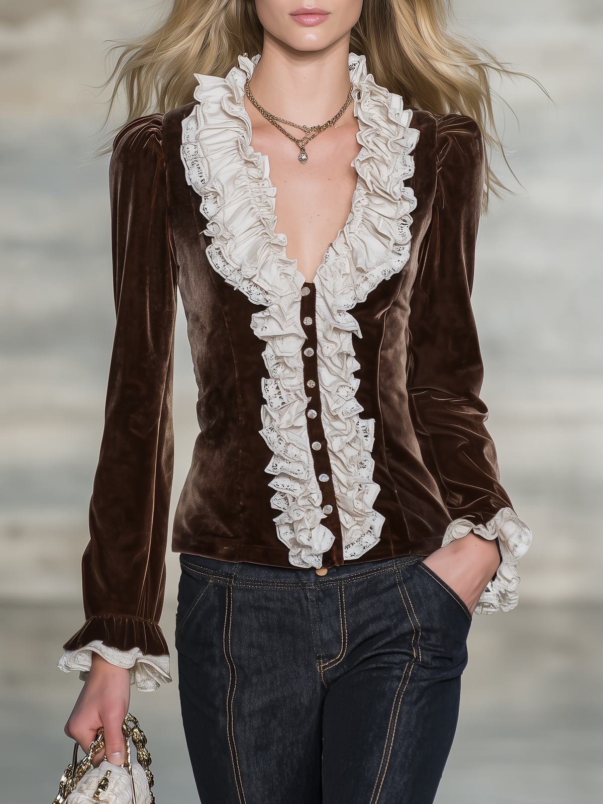 Eleanor-Lavinia | Women's Velvet Lace-Ruffle Blouse