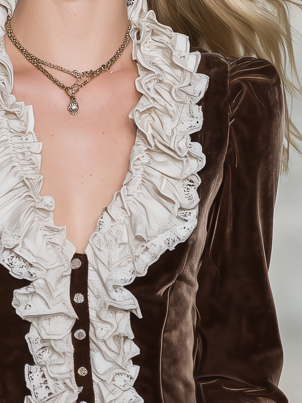 Eleanor-Lavinia | Women's Velvet Lace-Ruffle Blouse