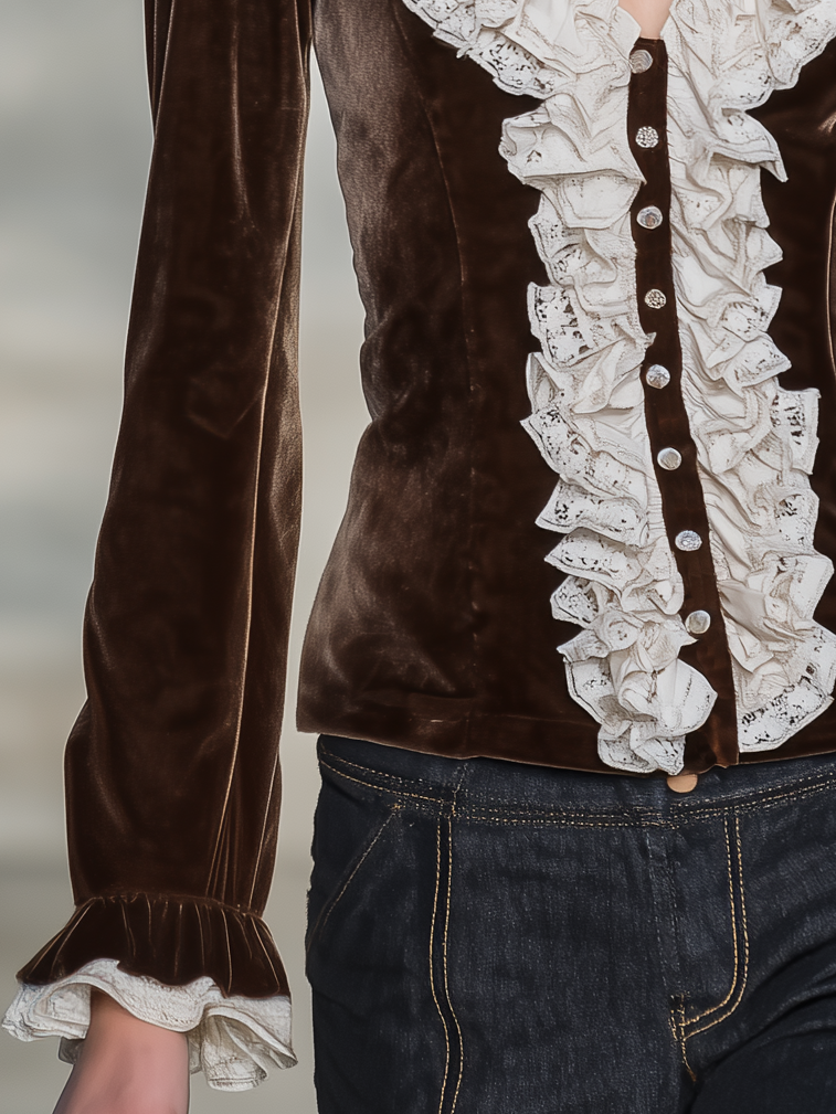 Eleanor-Lavinia | Women's Velvet Lace-Ruffle Blouse