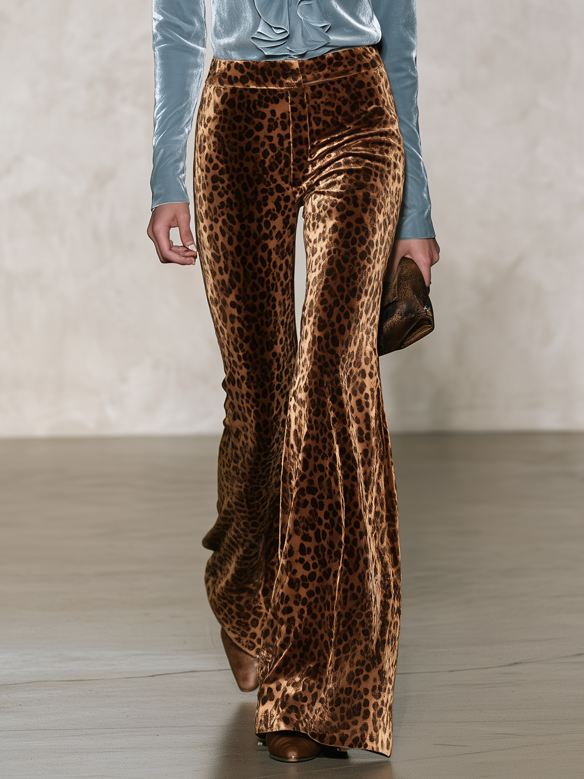 Vera-Judith | Women's Velvet Ruffle Top & Leopard Print Wide-Leg Pants Set