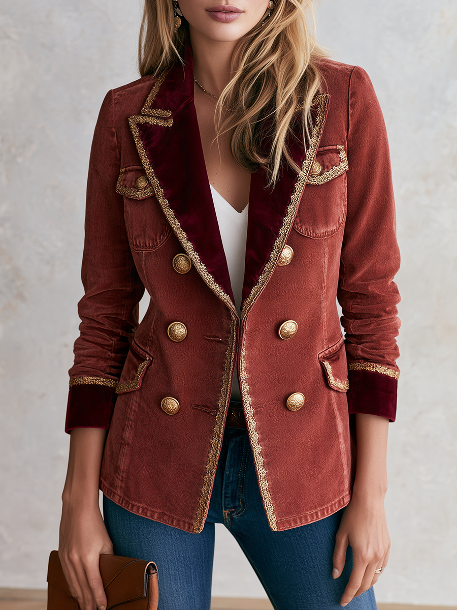 Mercedes-Frances | Women's Velvet-Trim Military Blazer with Gold Buttons