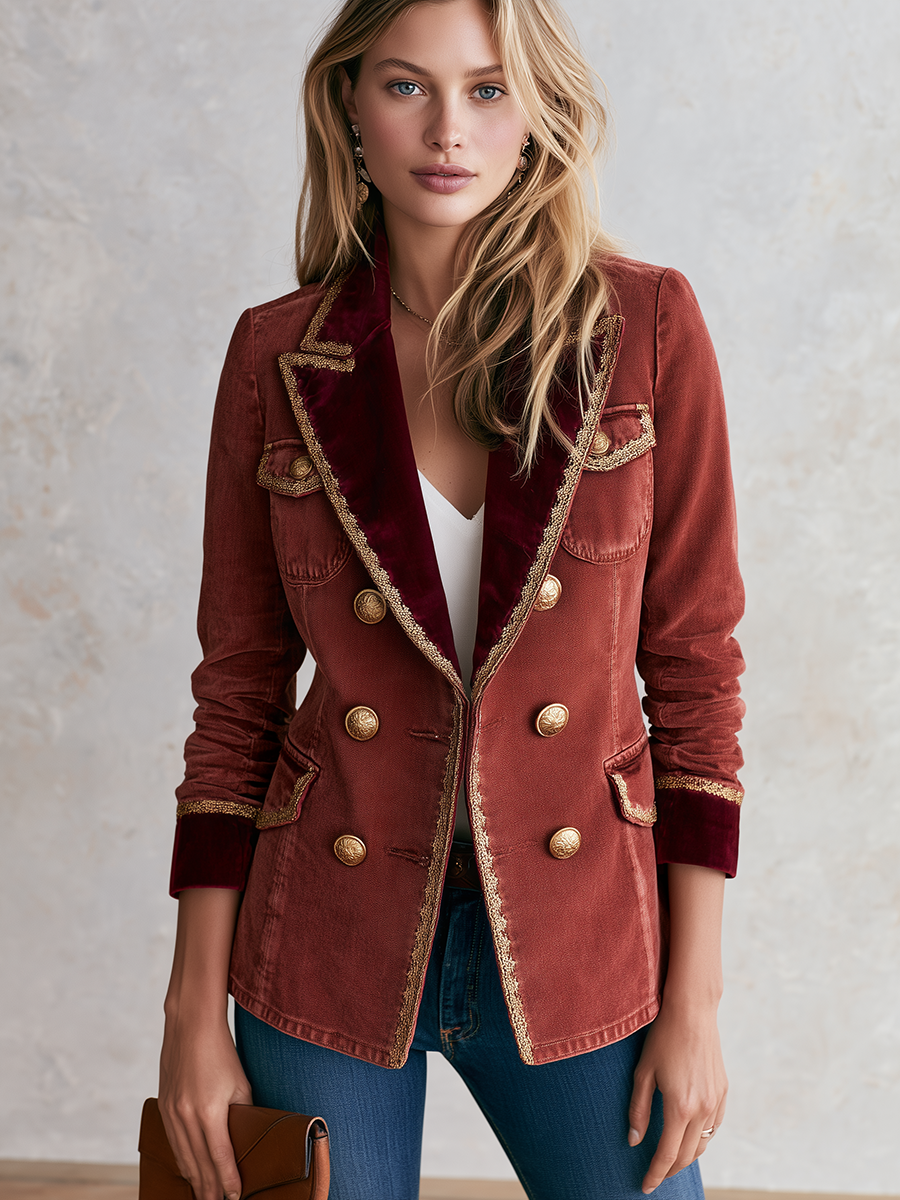 Mercedes-Frances | Women's Velvet-Trim Military Blazer with Gold Buttons