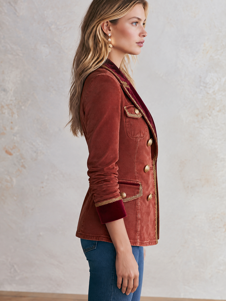 Mercedes-Frances | Women's Velvet-Trim Military Blazer with Gold Buttons