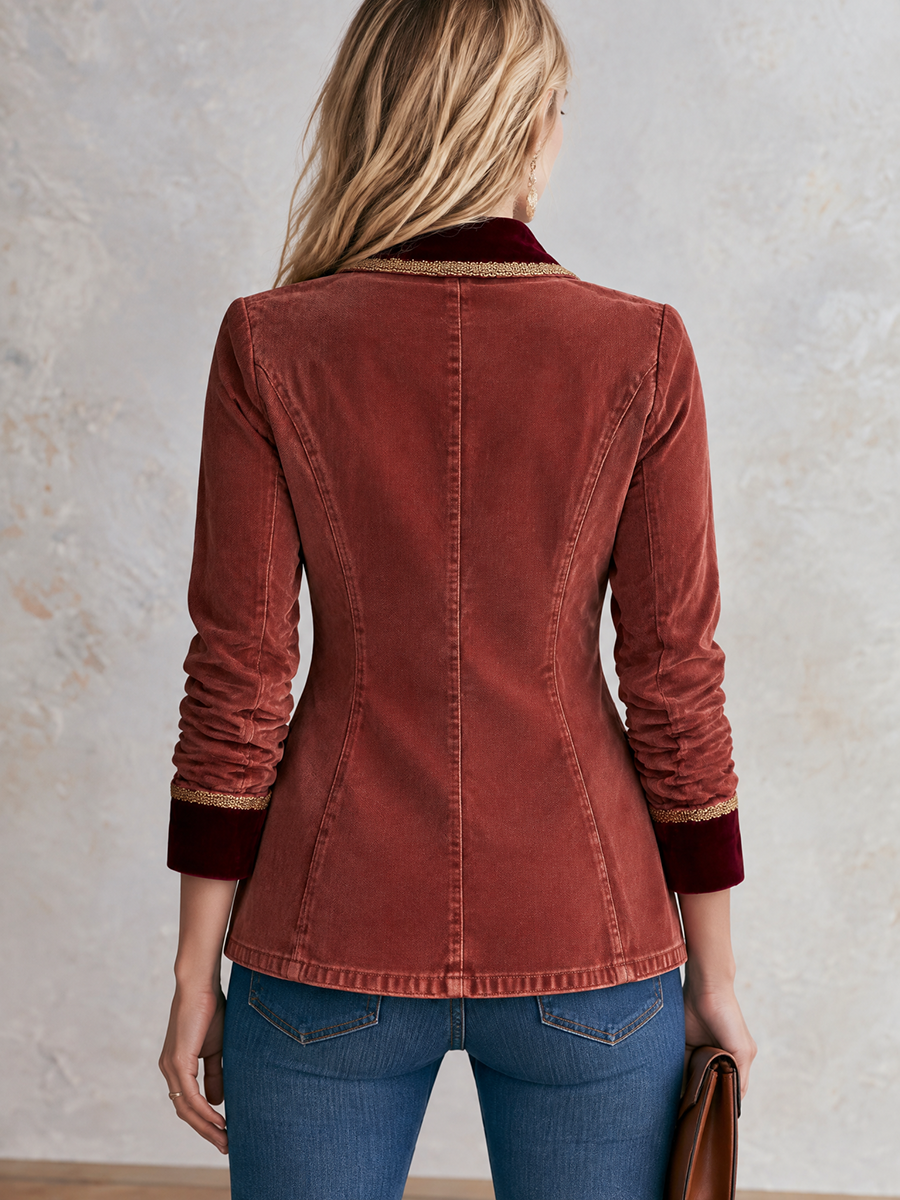 Mercedes-Frances | Women's Velvet-Trim Military Blazer with Gold Buttons