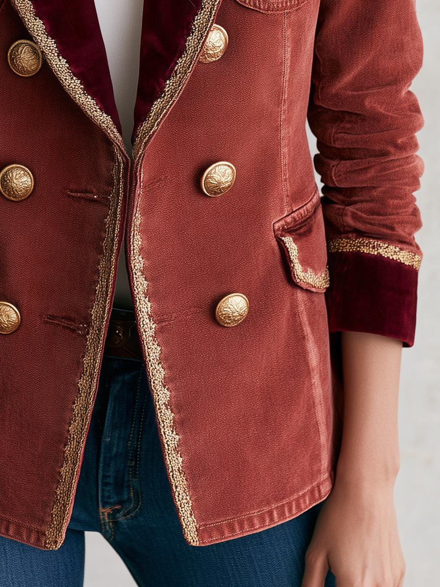 Mercedes-Frances | Women's Velvet-Trim Military Blazer with Gold Buttons