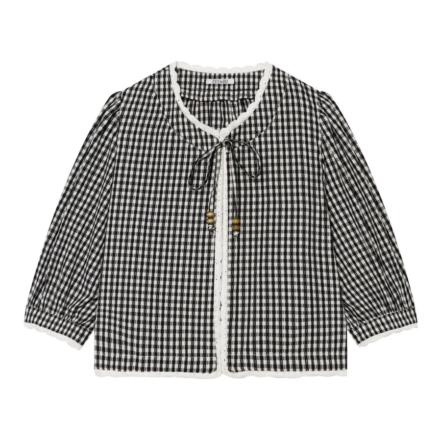 Lottie | Women's Vichy Check Lace-Trim Balloon-Sleeve Blouse