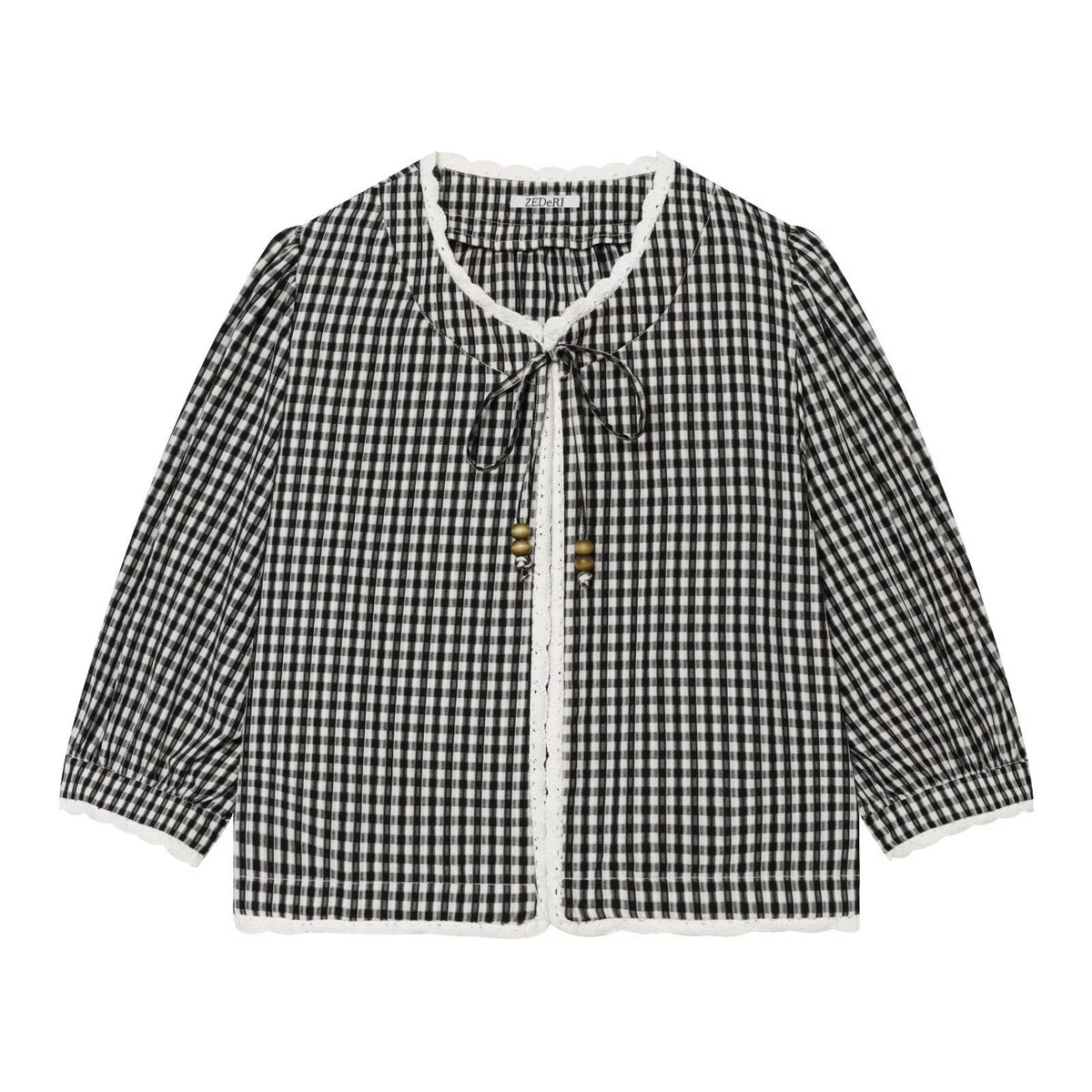 Lottie | Women's Vichy Check Lace-Trim Balloon-Sleeve Blouse