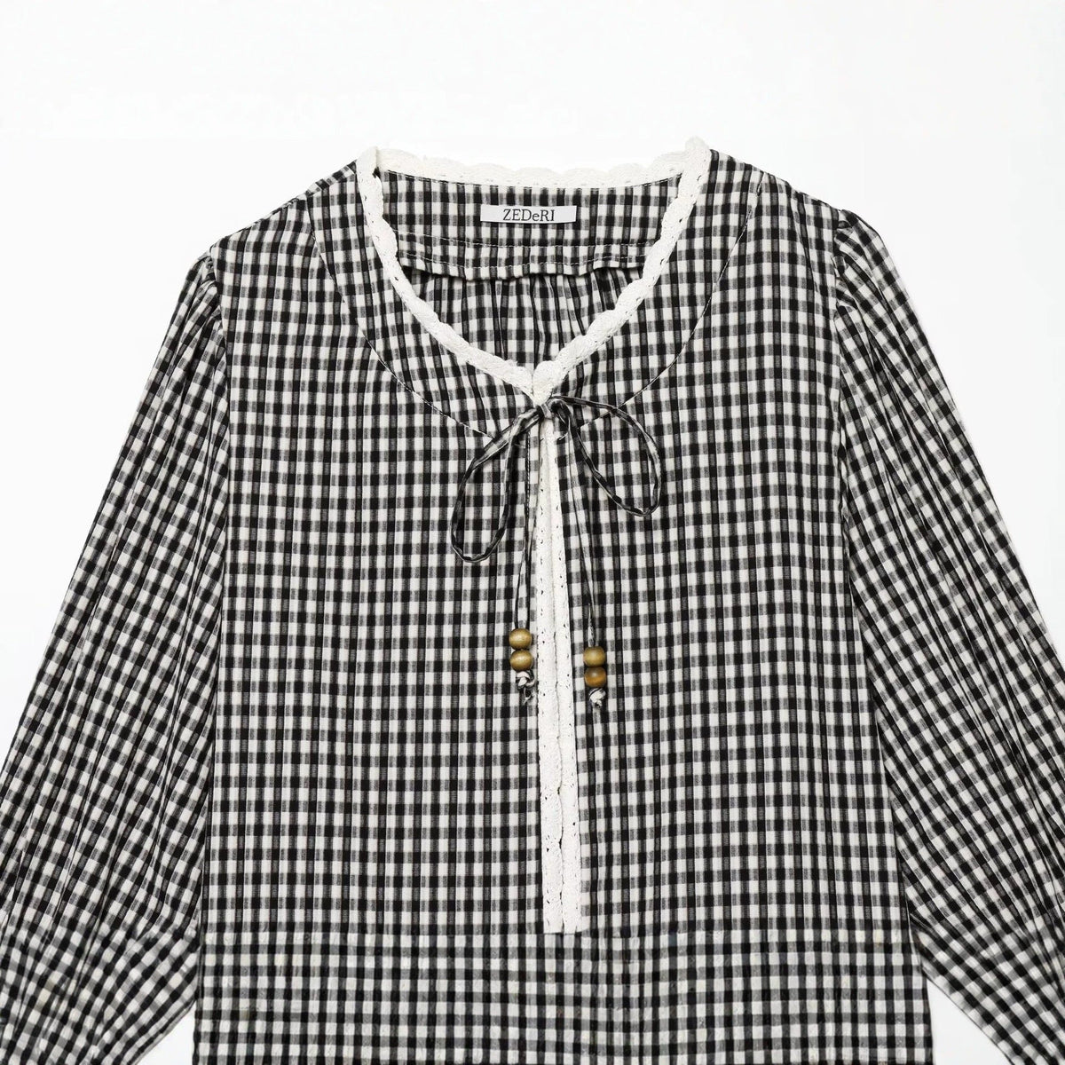 Lottie | Women's Vichy Check Lace-Trim Balloon-Sleeve Blouse