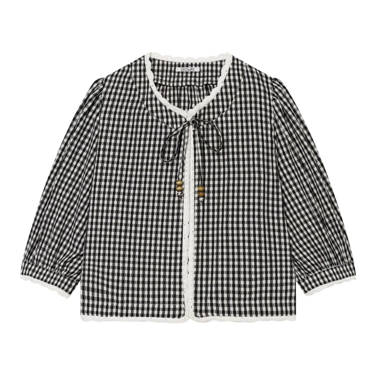 Lottie | Women's Vichy Check Lace-Trim Balloon-Sleeve Blouse