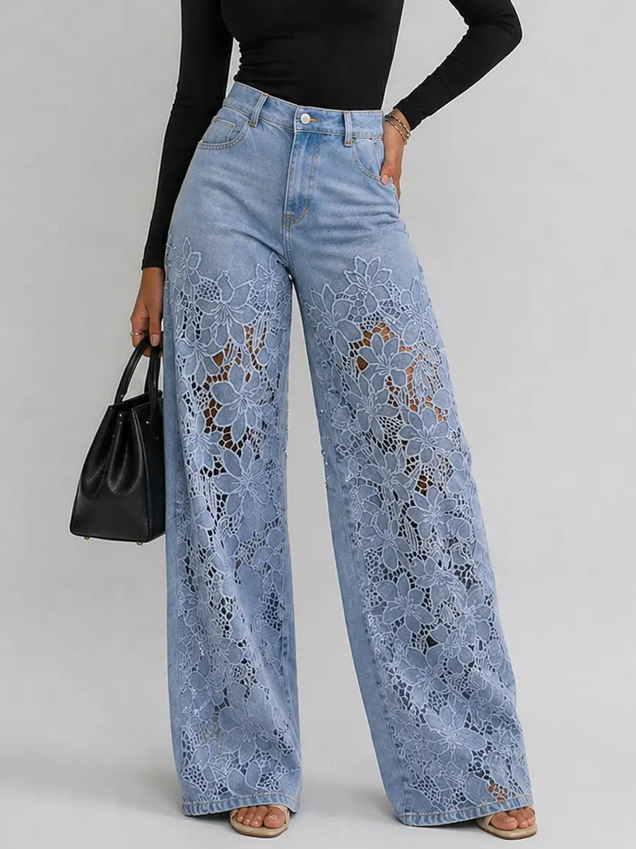 Thelma-Evelina | Women's Wide-Leg Lace-Trim Flared Jeans