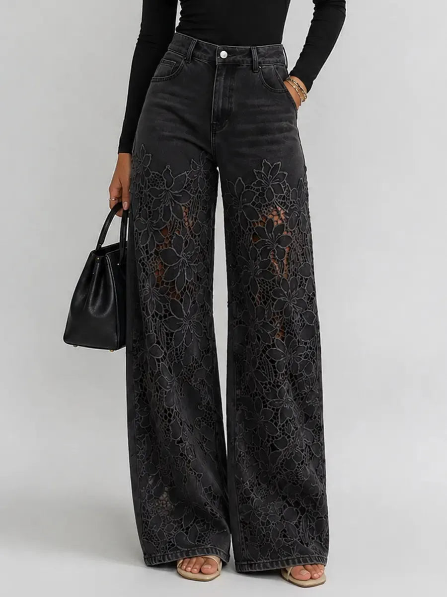 Thelma-Evelina | Women's Wide-Leg Lace-Trim Flared Jeans