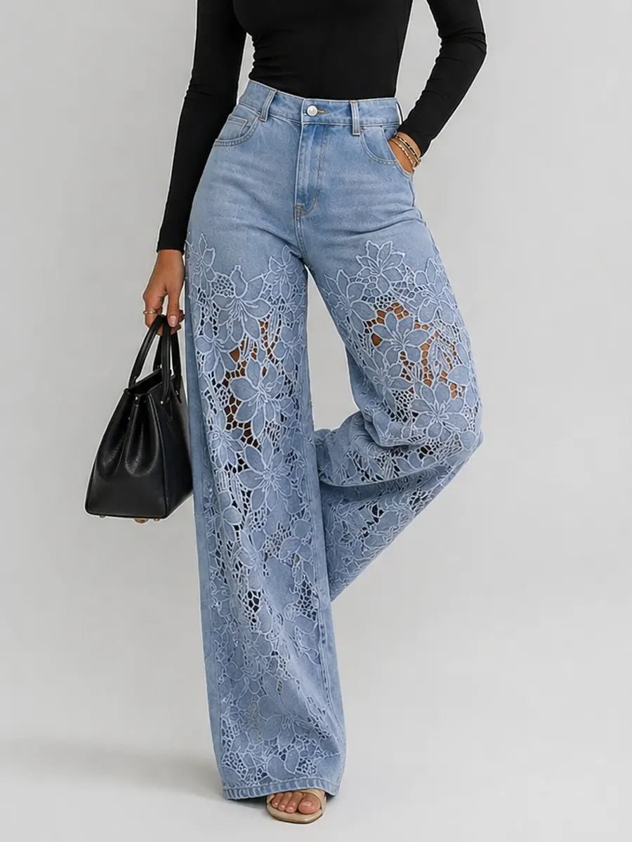 Thelma-Evelina | Women's Wide-Leg Lace-Trim Flared Jeans