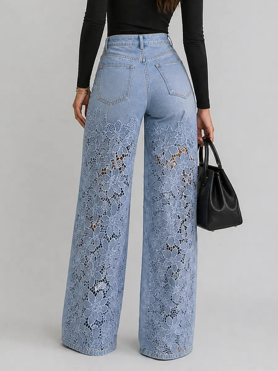 Thelma-Evelina | Women's Wide-Leg Lace-Trim Flared Jeans