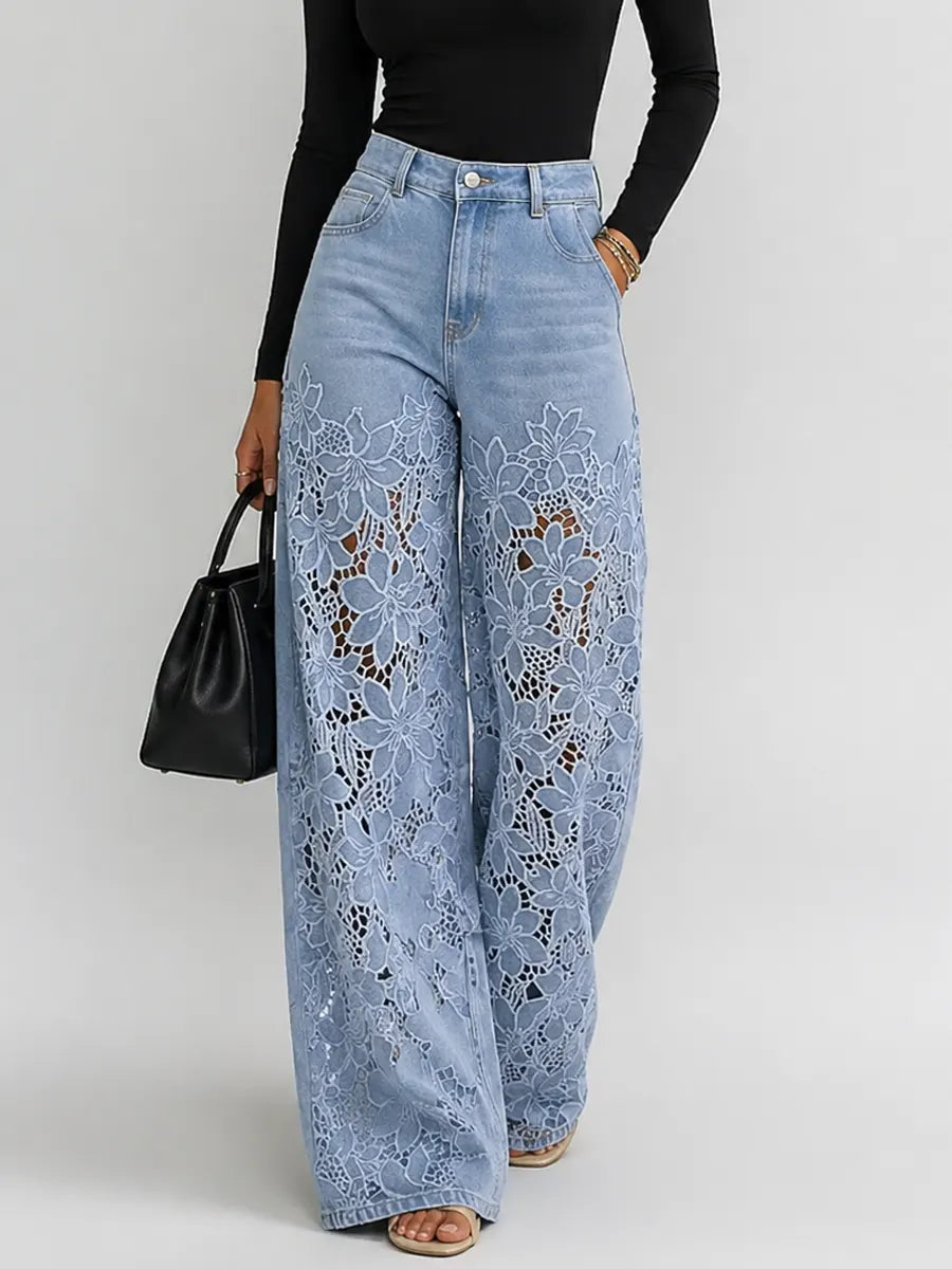 Thelma-Evelina | Women's Wide-Leg Lace-Trim Flared Jeans