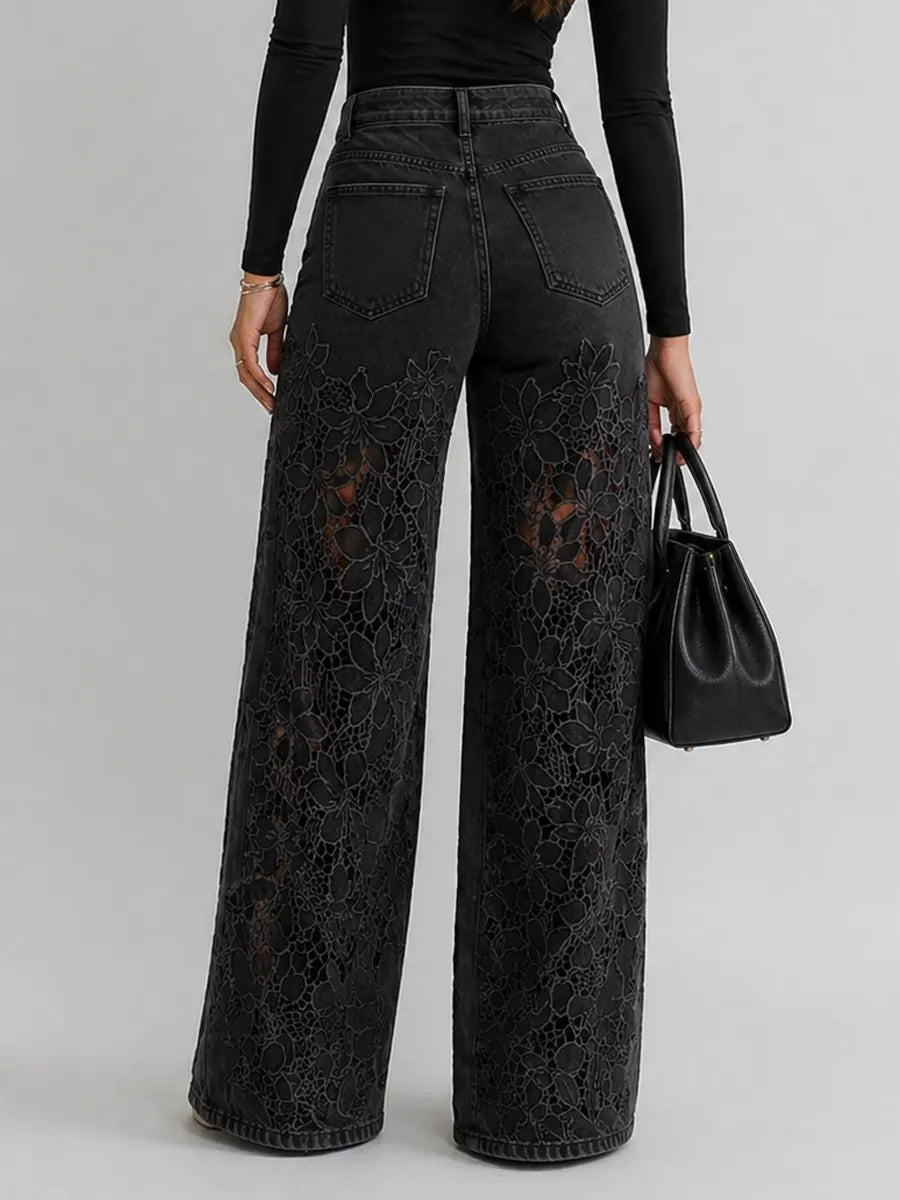Thelma-Evelina | Women's Wide-Leg Lace-Trim Flared Jeans