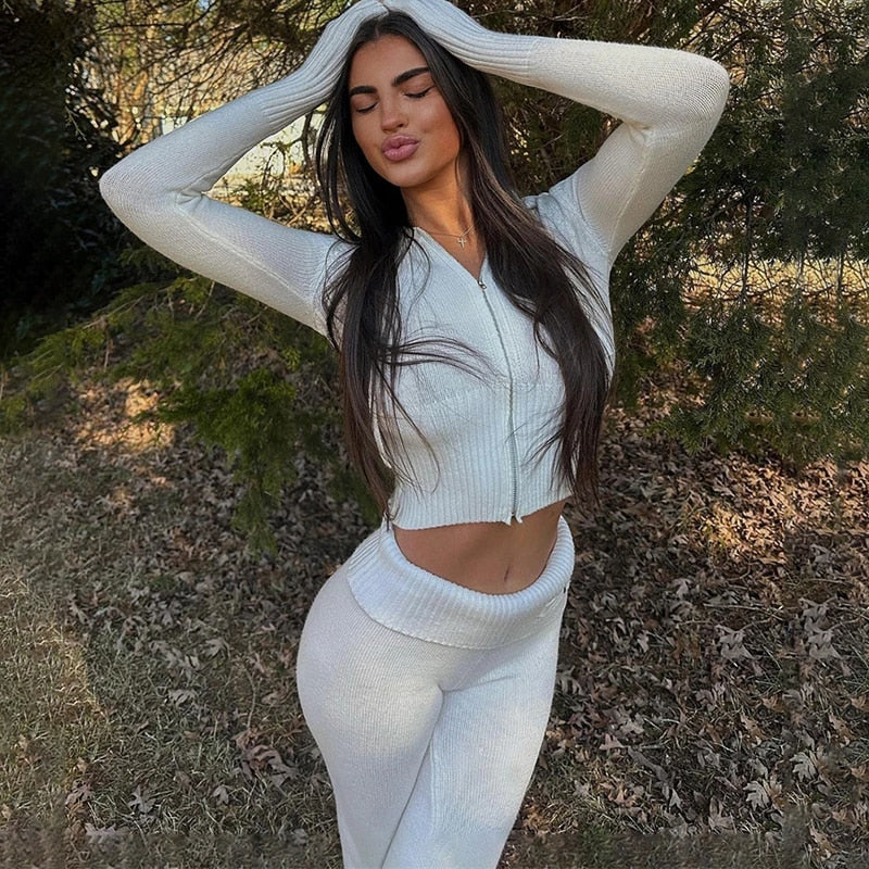 Louisa | Women's Zip-Front Cropped Top and Flared Trouser Lounge Set