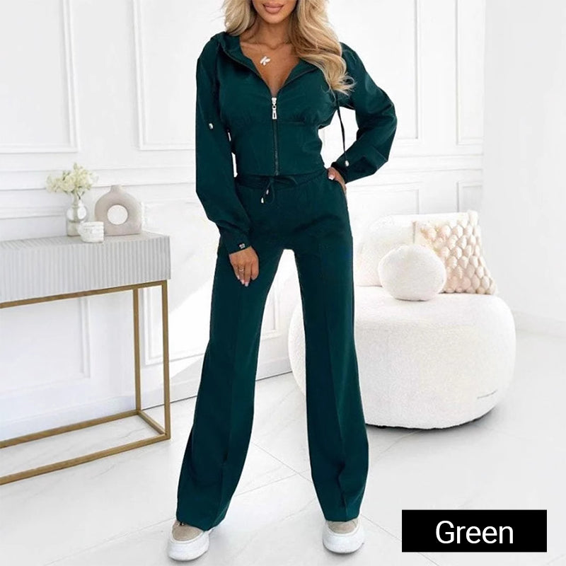 Judith-Clara | Women's Zip-Up Cropped Hoodie and Wide-Leg Knit Set