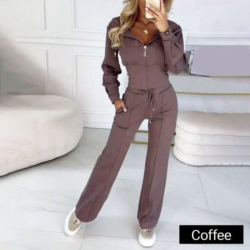 Judith-Clara | Women's Zip-Up Cropped Hoodie and Wide-Leg Knit Set