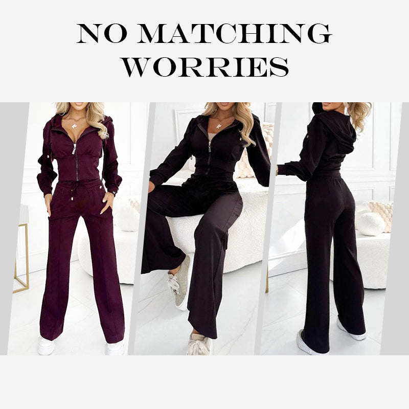 Judith-Clara | Women's Zip-Up Cropped Hoodie and Wide-Leg Knit Set