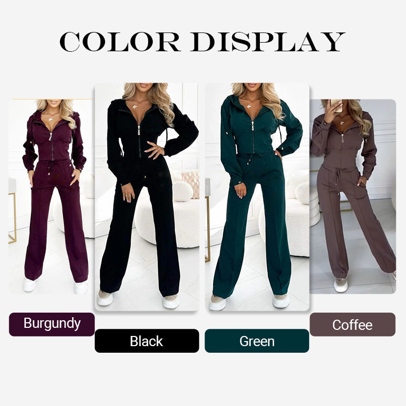 Judith-Clara | Women's Zip-Up Cropped Hoodie and Wide-Leg Knit Set