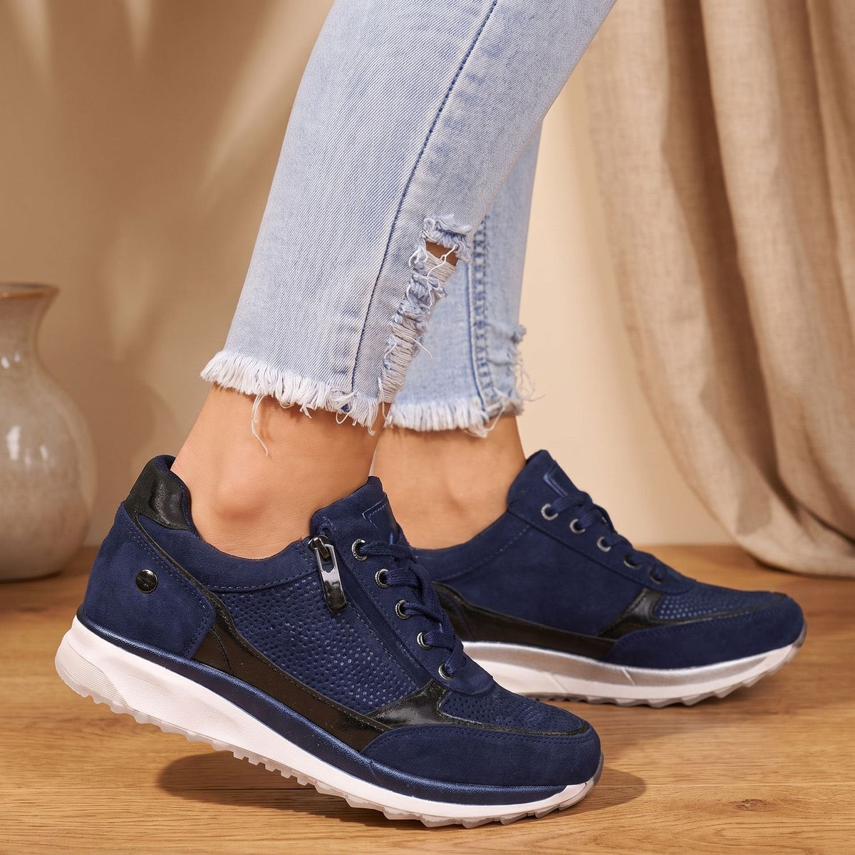 Cecile-Simone | Women's Zip-Up Lace-Up Comfort Sneakers