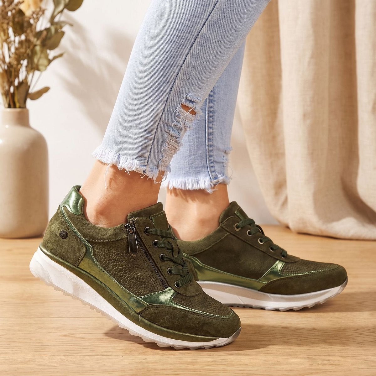 Cecile-Simone | Women's Zip-Up Lace-Up Comfort Sneakers