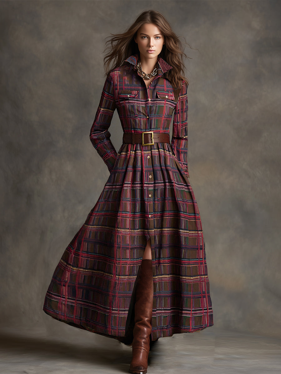 Johanna | Women's Retro Plaid Lapel Maxi Dress
