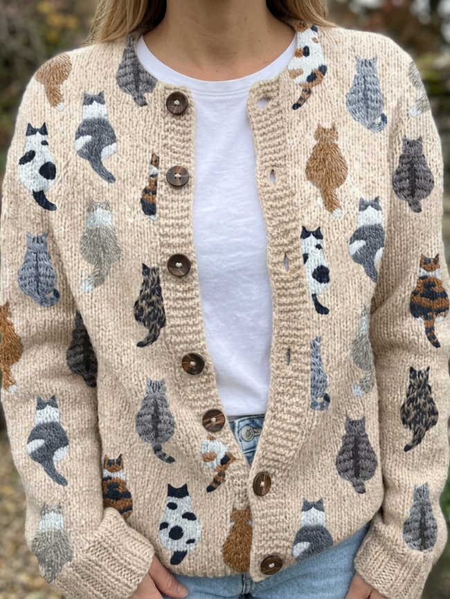 Charlotte | Women's Cat Print Button-Front Knit Cardigan