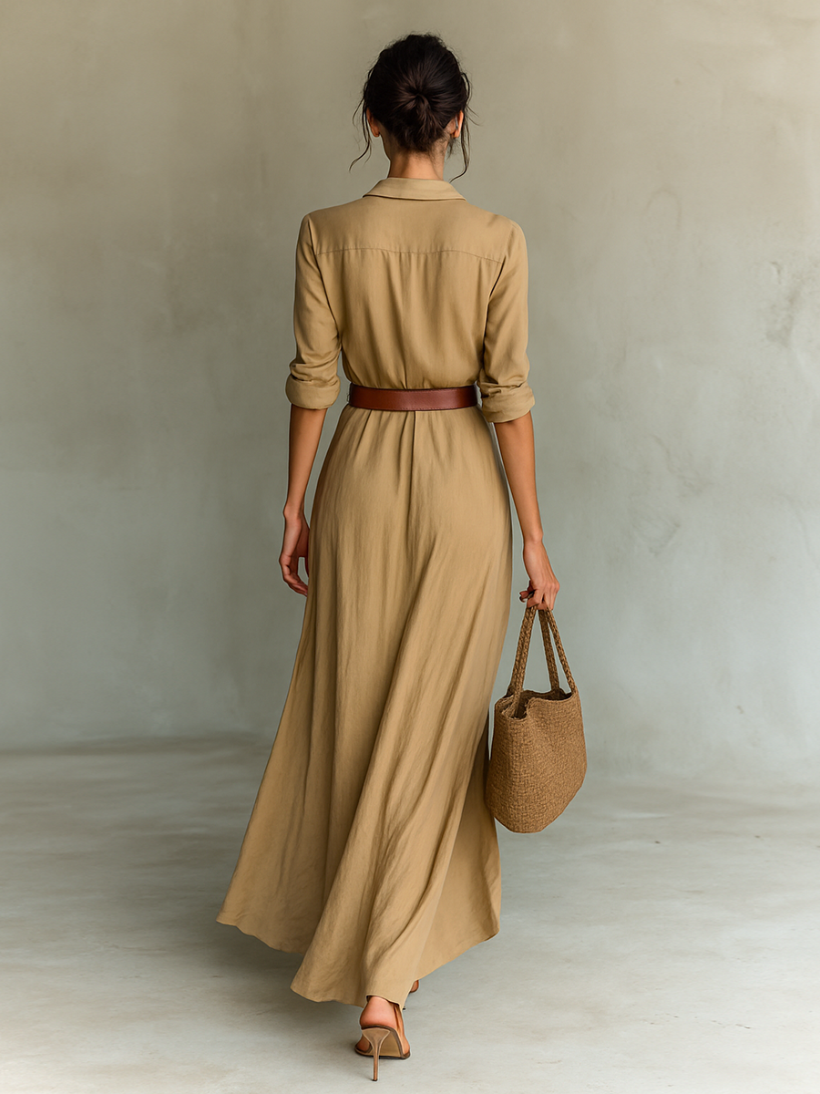 Henrietta | Women's Belted Lapel Long-Sleeve Maxi Dress