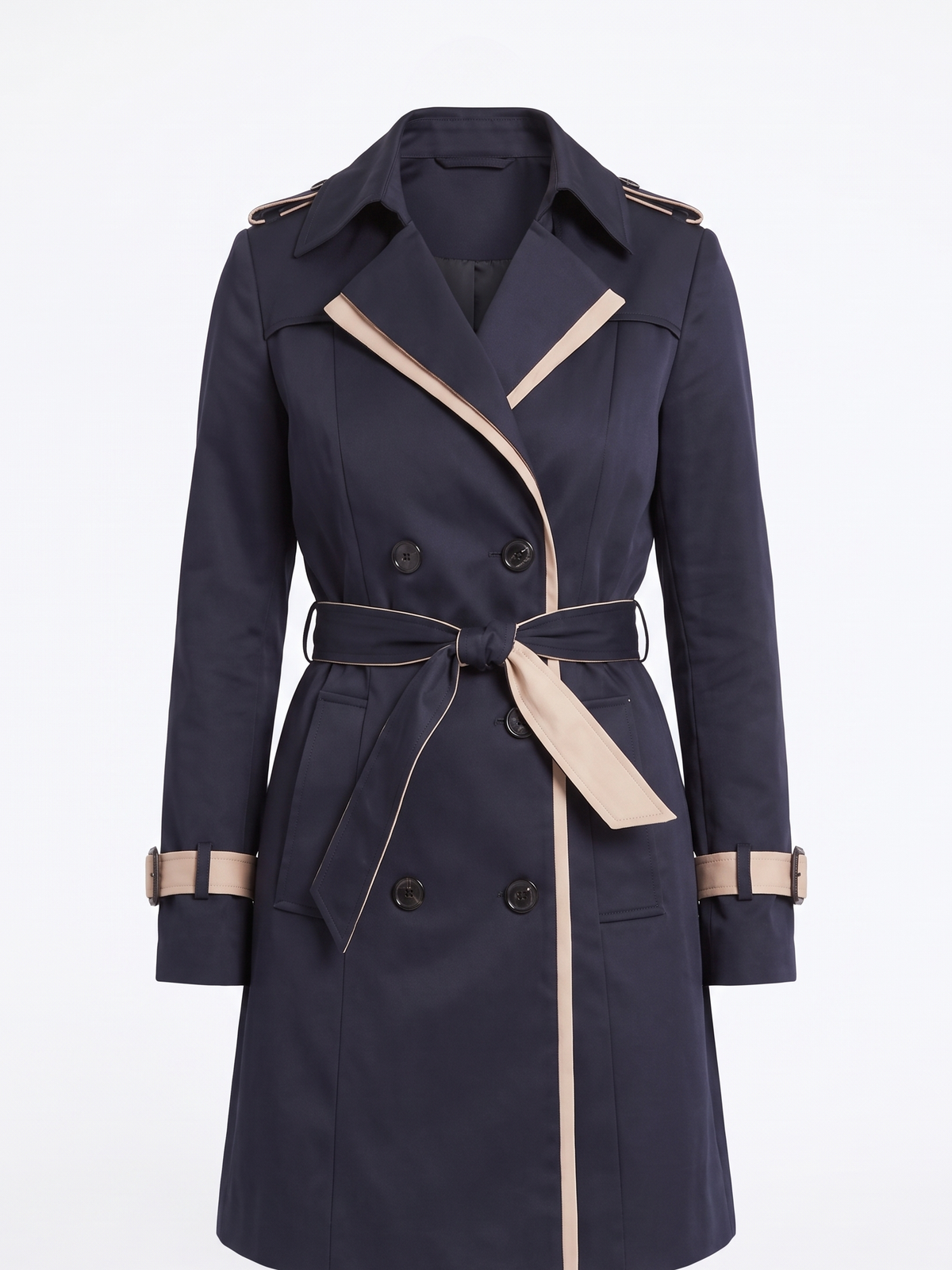 Harriet | Women's Contrast-Trim Belted Double-Breasted Trench Coat front