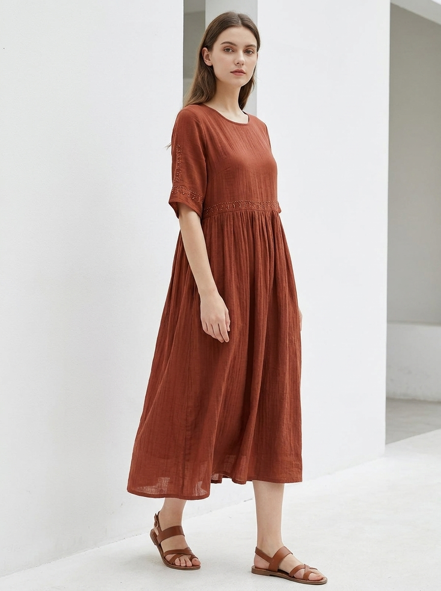 Maribel | Women's Embroidered Cotton-Linen Midi Dress
