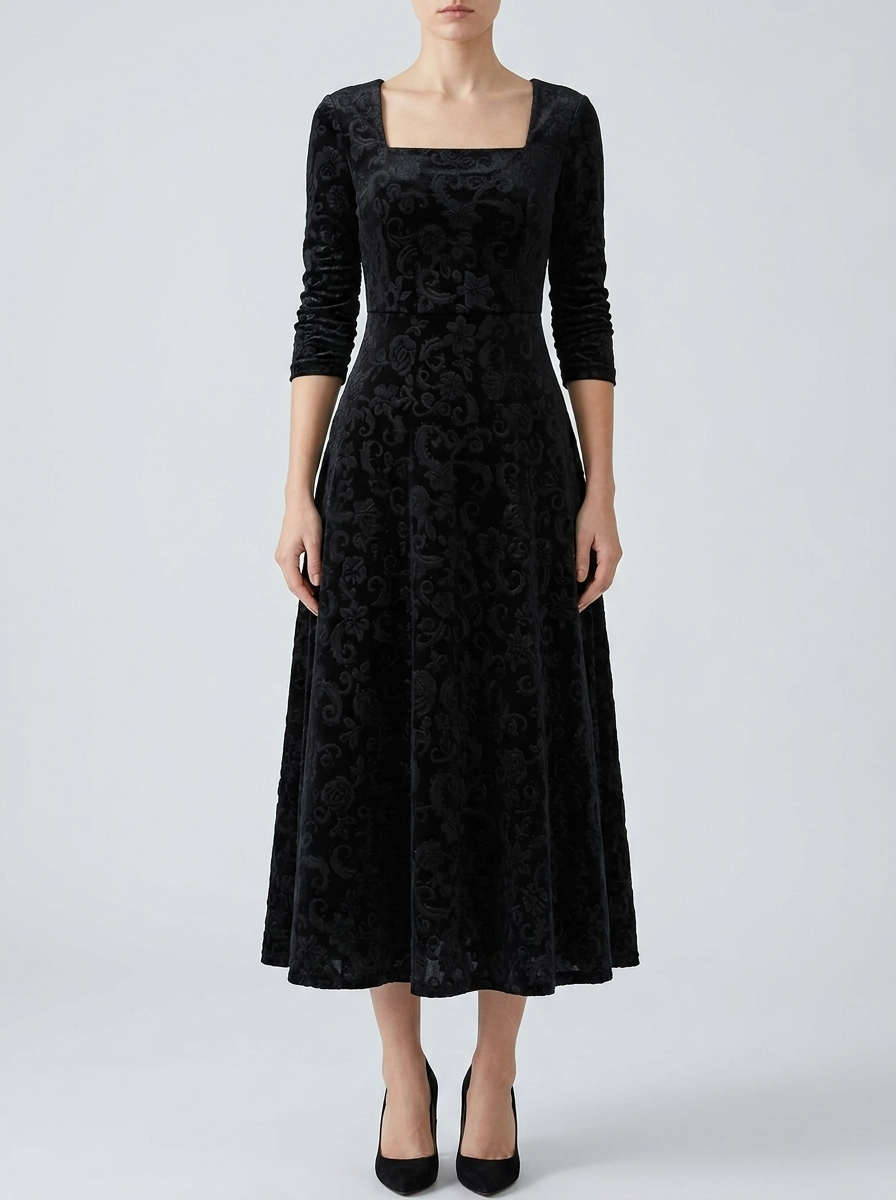 Delphine | Women's Embossed Velvet A-Line Midi Dress
