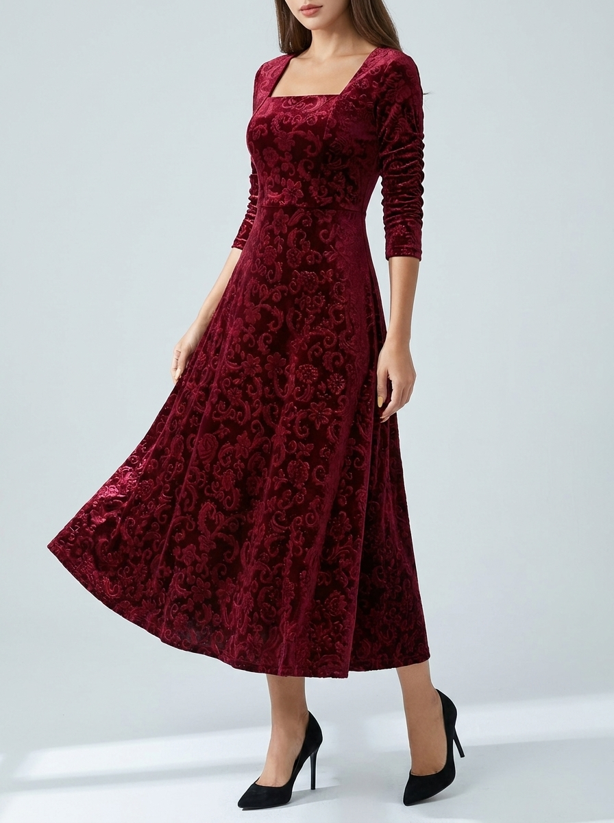 Delphine | Women's Embossed Velvet A-Line Midi Dress
