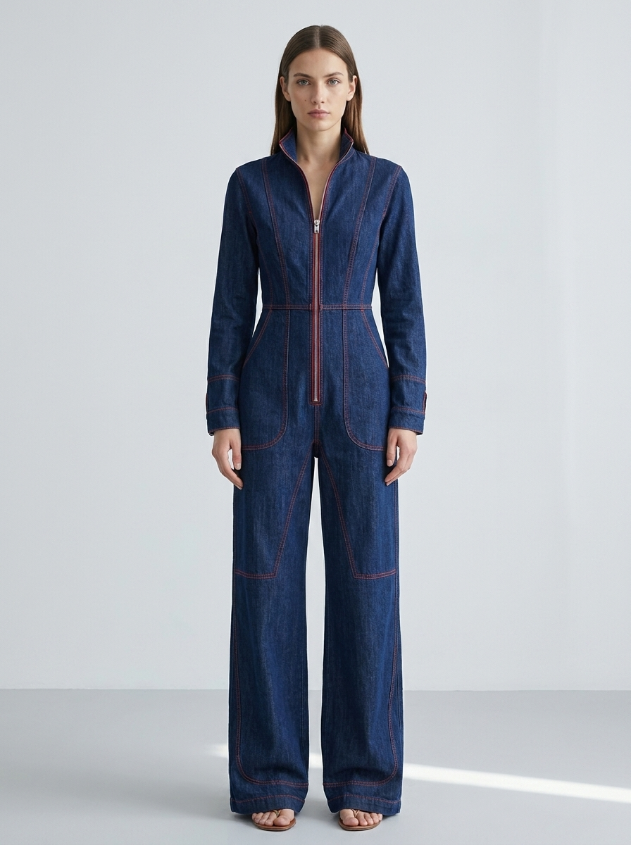 Marguerite | Women's Wide-Leg Denim Jumpsuit with Front Zip