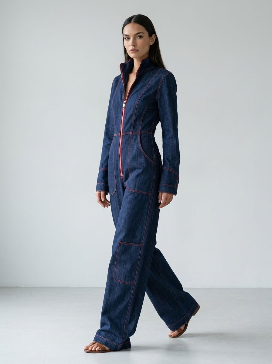 Marguerite | Women's Wide-Leg Denim Jumpsuit with Front Zip