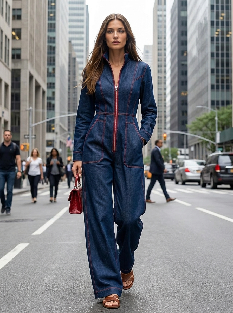 Marguerite | Women's Wide-Leg Denim Jumpsuit with Front Zip