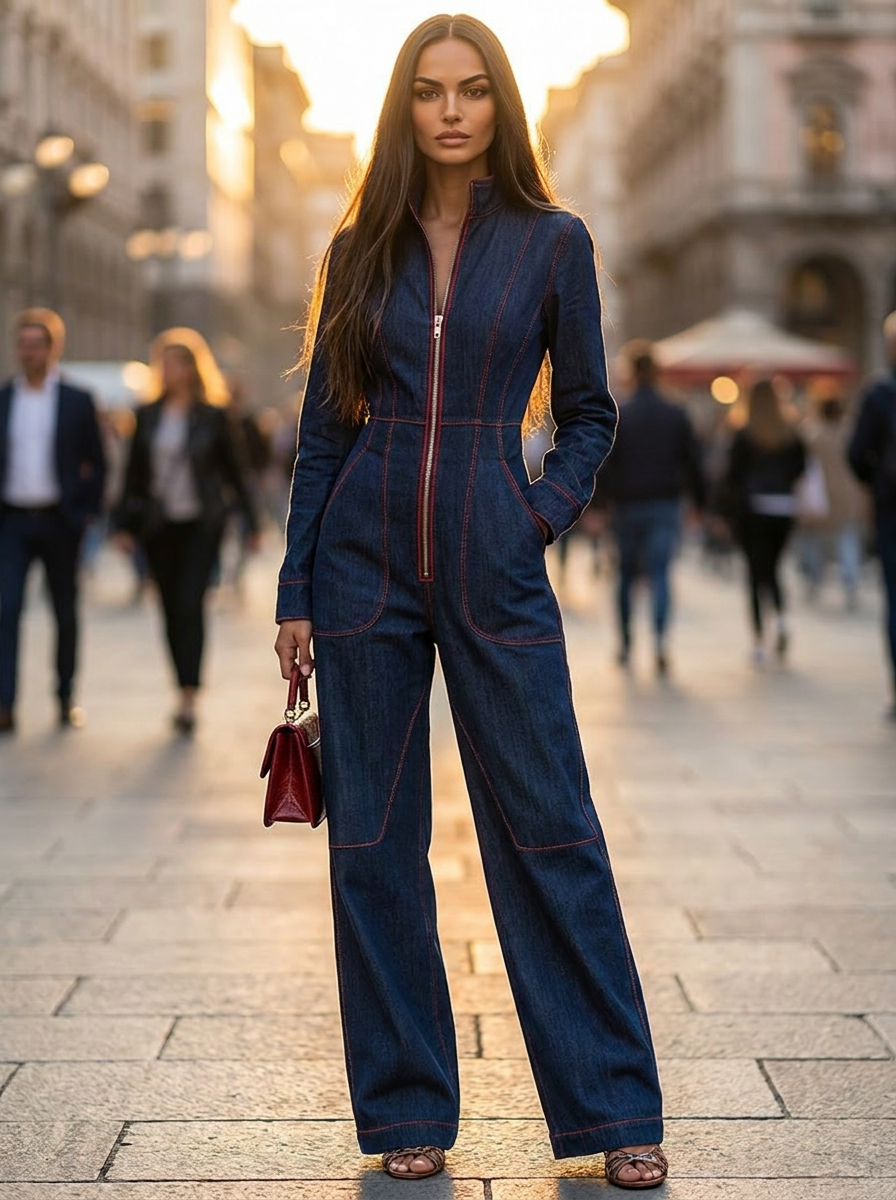 Marguerite | Women's Wide-Leg Denim Jumpsuit with Front Zip