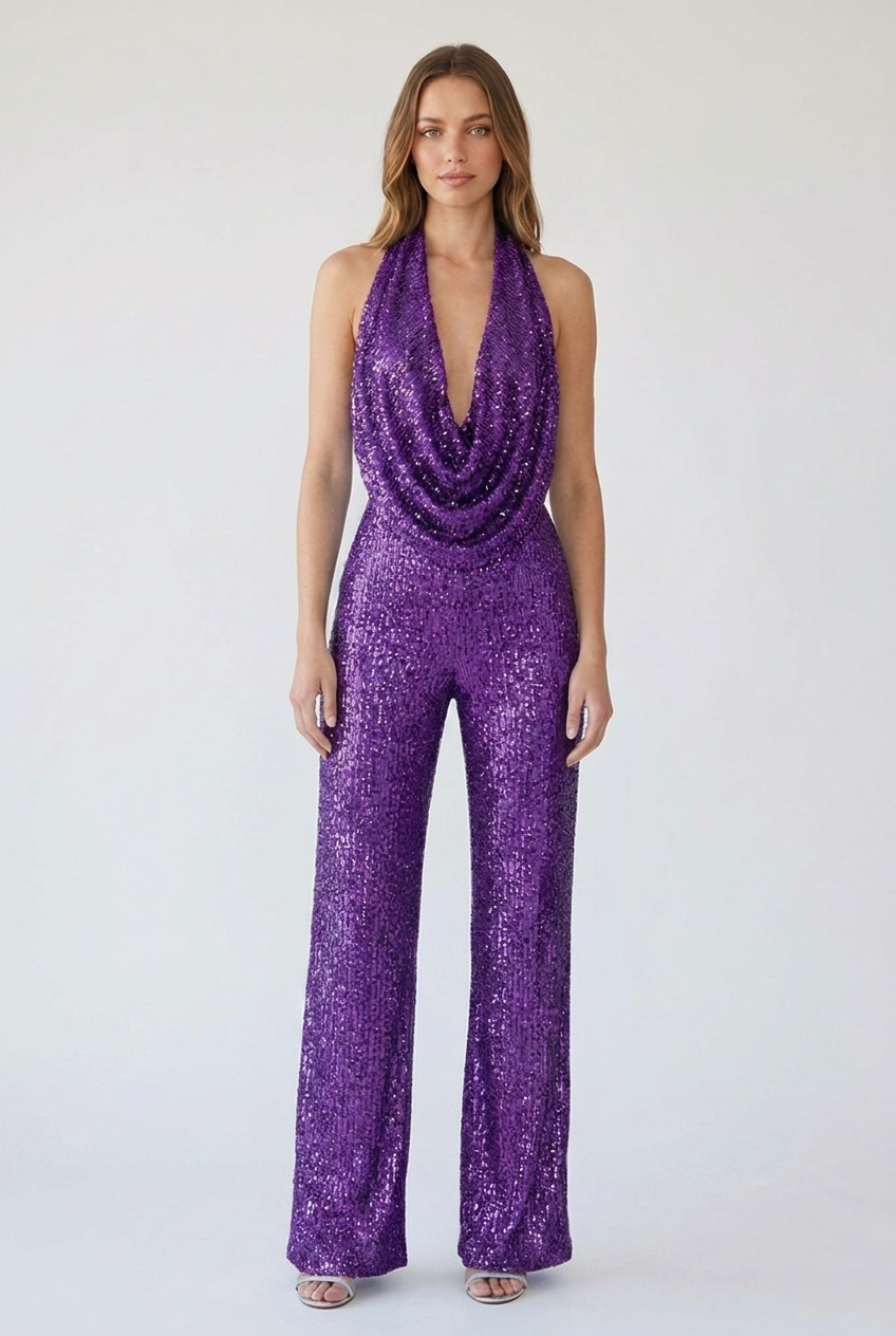 Ottoline | Women's Sequin Halter Cowl-Neck Wide-Leg Jumpsuit