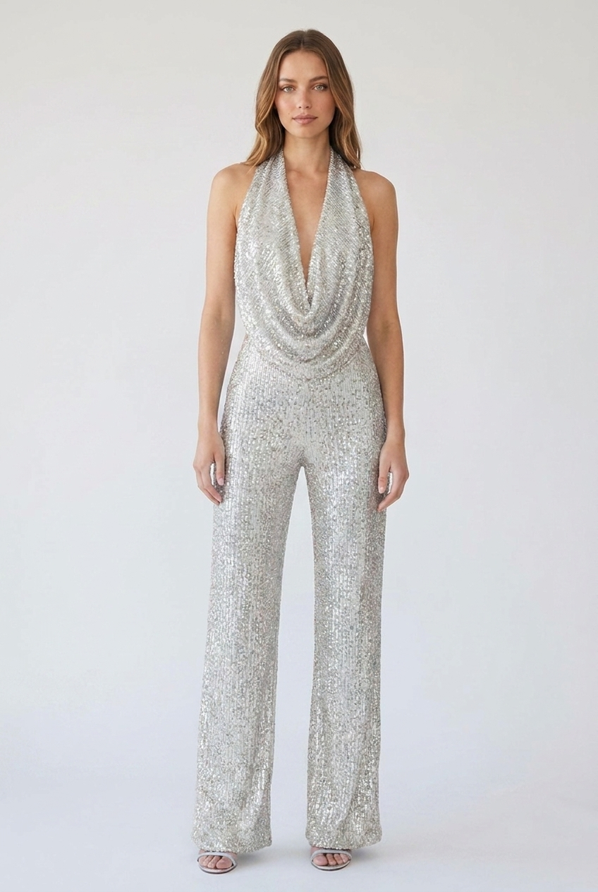 Ottoline | Women's Sequin Halter Cowl-Neck Wide-Leg Jumpsuit