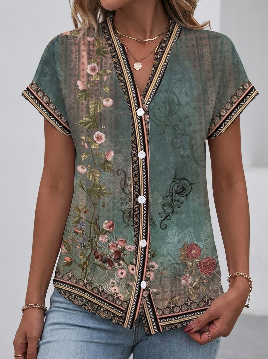 Wilhelmina | Women's Relaxed-Fit V-Neck Floral Print Blouse